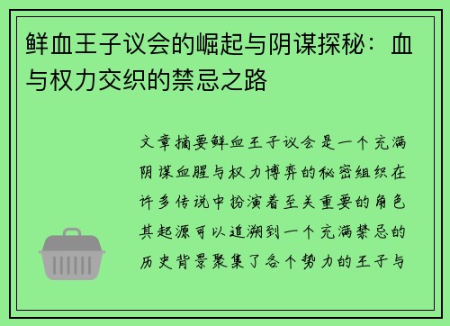 鲜血王子议会的崛起与阴谋探秘：血与权力交织的禁忌之路